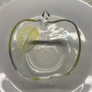 Clear Glass Apple Trinket Dish with Hand-Painted Colored Leaf Accent - Vintage!